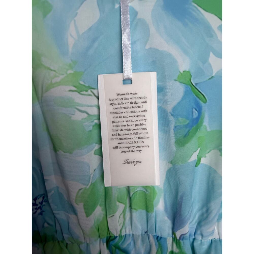 Grace Karin Floral Pleated Midi Dress Blue Green L NWT - Picture 4 of 8
